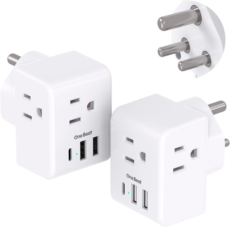 One Beat 2 Pack India Power Adapter, Type D Plug Adapter with 3 American Outlets 3 USB Ports(1USB C), 6 in 1 India Travel Plug Adapter for US to India, Bangladesh, Kuwait, Maldives - Image 1